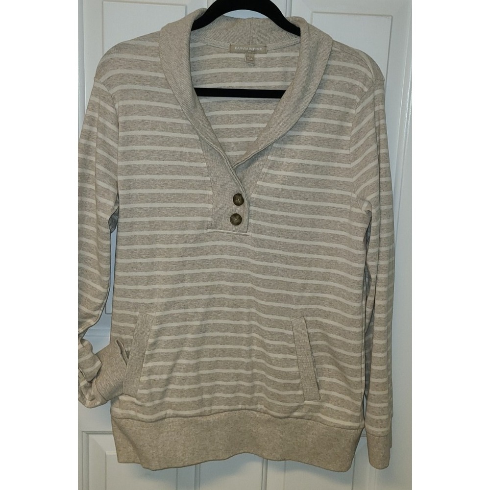 Banana Republic Womens Cardigan sweater Shawl‎ Collar Buttons Pockets Lg Stripes
